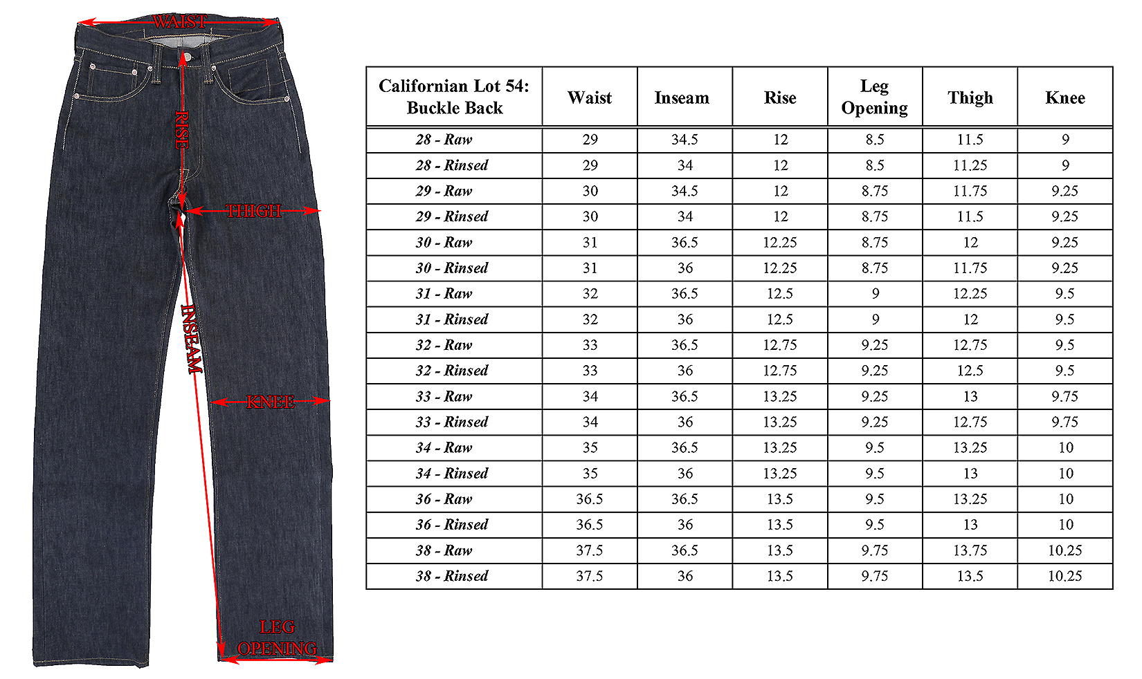 Vibrant Jeans Size Chart